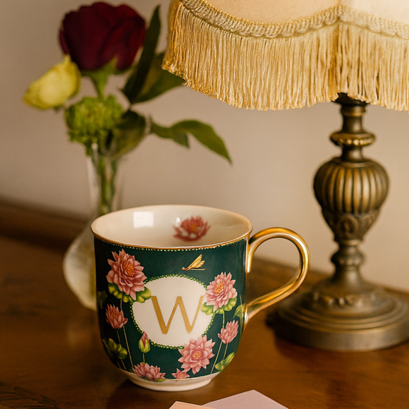 Anthropologie Lou Rota Monogram Mug “W” Green Floral Lotus Design w/ Gold Handle - Picture 1 of 8